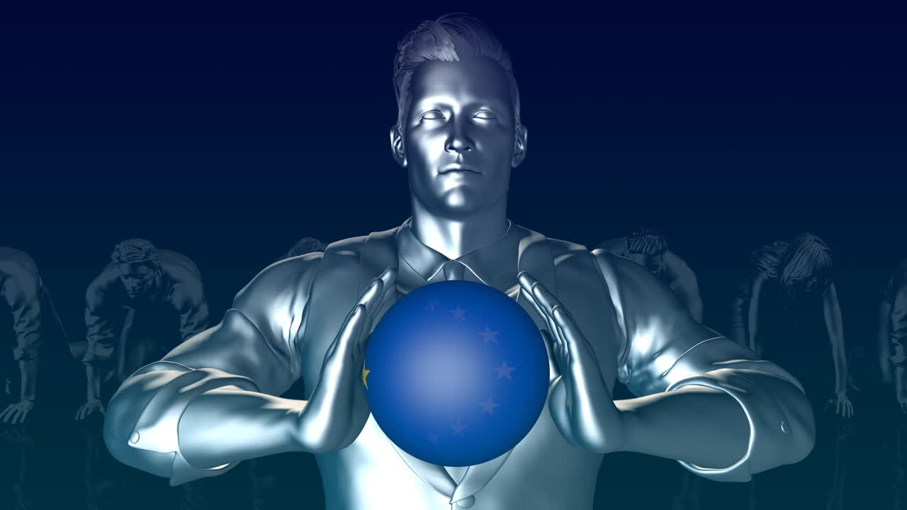 hombre que sostiene la bandera de la zona del euro como esfera global