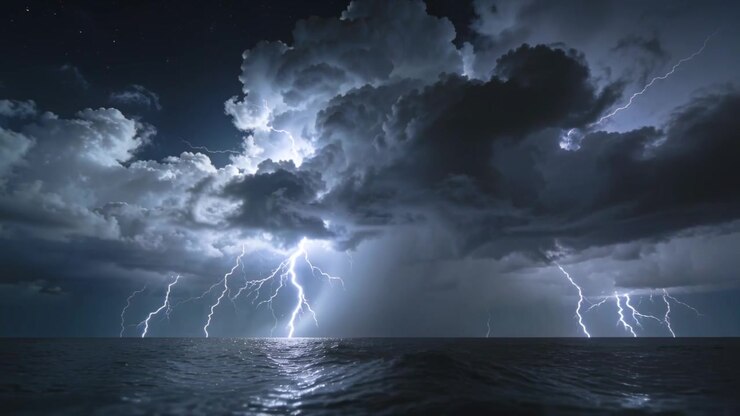 Nuvola temporalesca carica che scatena fulmini vicino all'orizzonte sul mare di notte, mostrando il bagliore delle onde