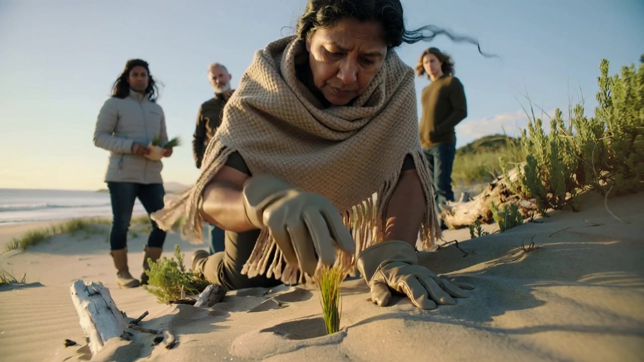 Knælende kvinde planter klitgræs på sandstrand for at genoprette klitter, iført beige sjal og handsker.