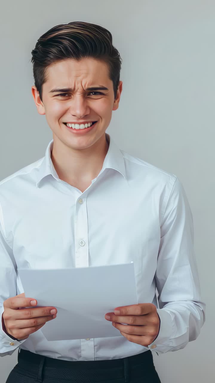 Vertical video: Glancing at paper, man in white shirt reading and reacting to text at gray wall