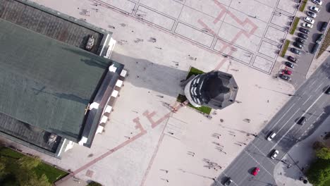 AERIAL-Top-Down-View-of-Vilnius-Cathedral's-Tower,-Lithuania