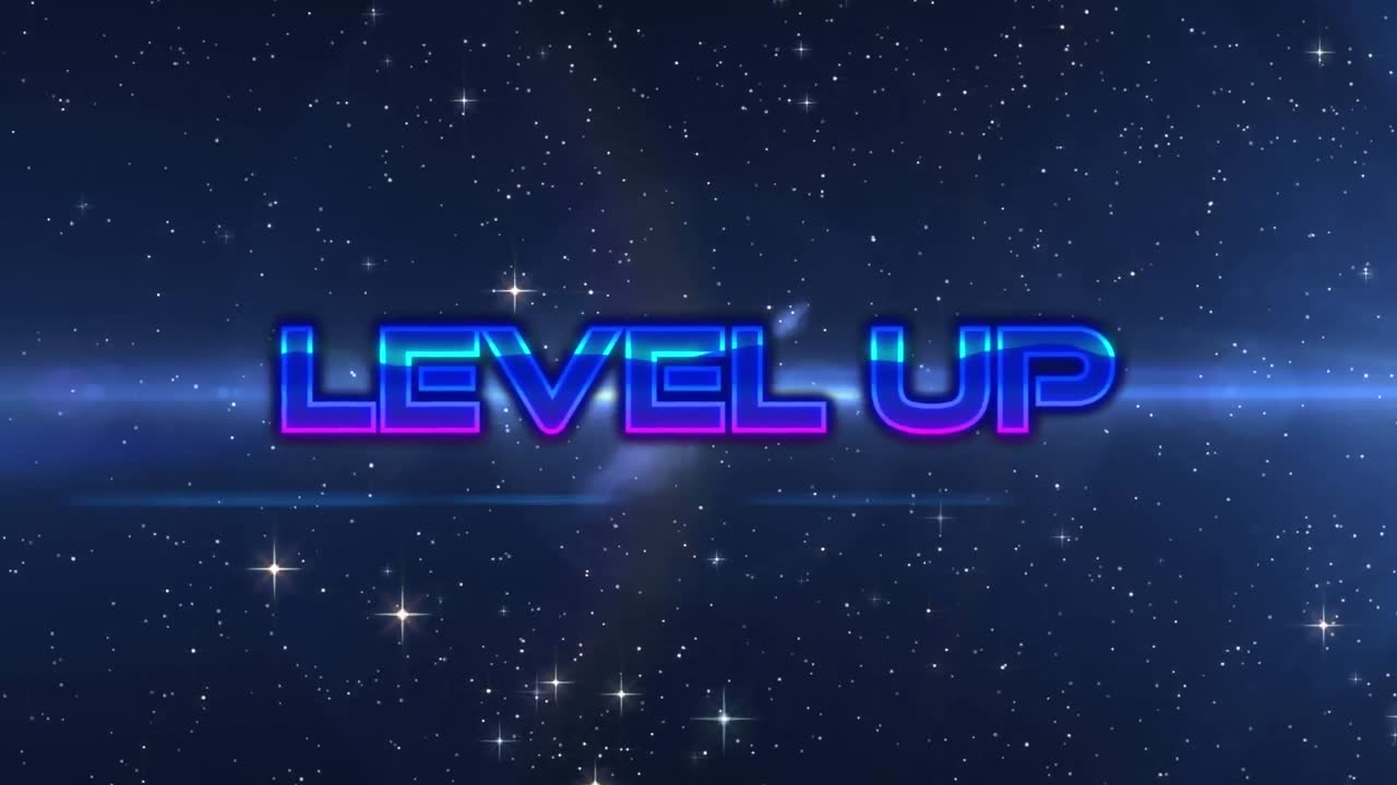 밤하늘의 별 위에 레벨 업 텍스트의 애니메이션