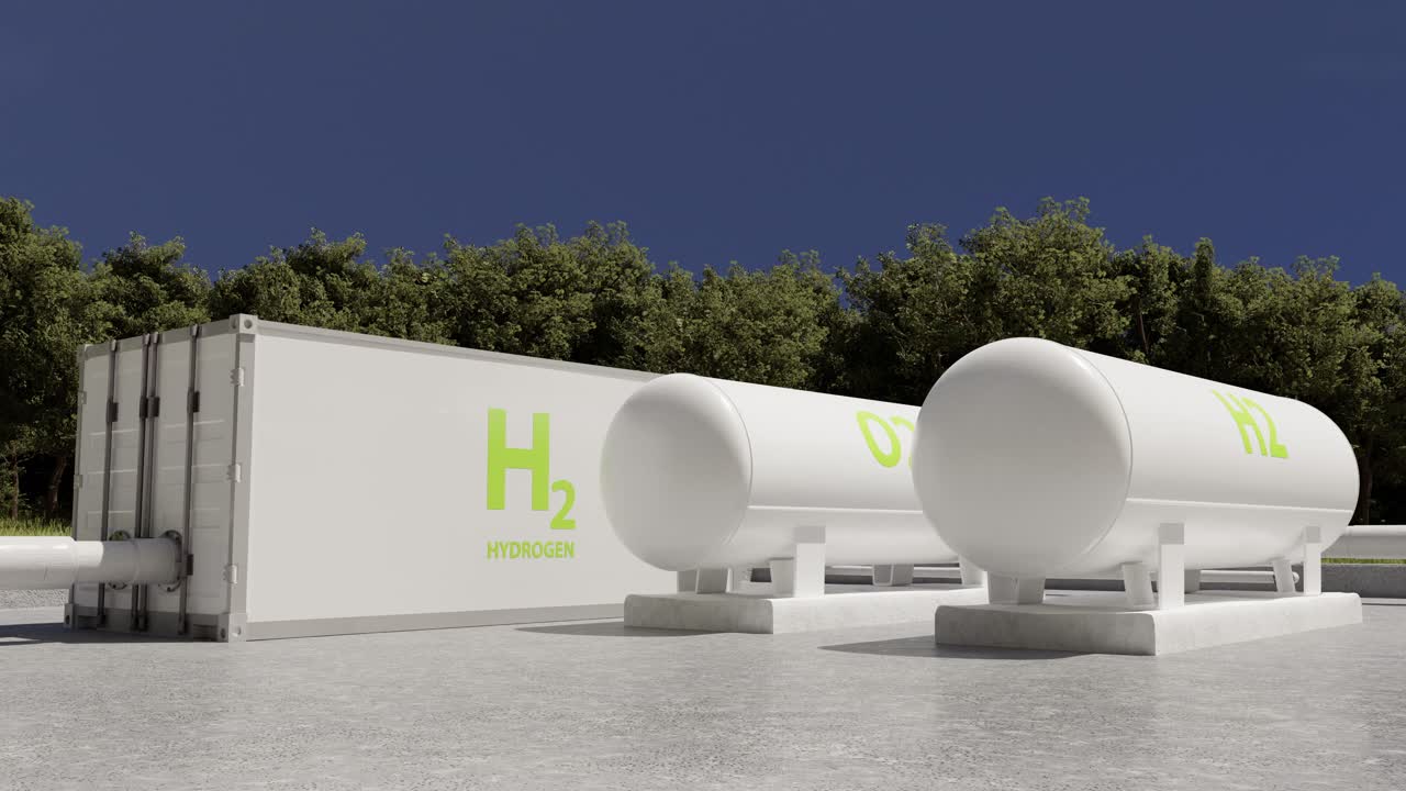 White tanks with liquid hydrogen and oxygen in factory yard. 3d animation
