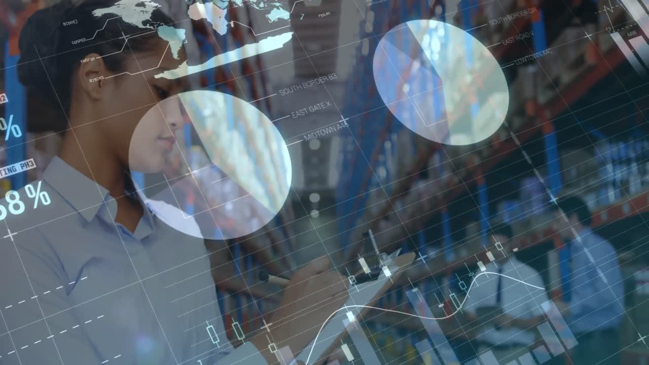 창고에서 클립보드에 글을 쓰는 여성에 대한 데이터 처리 애니메이션