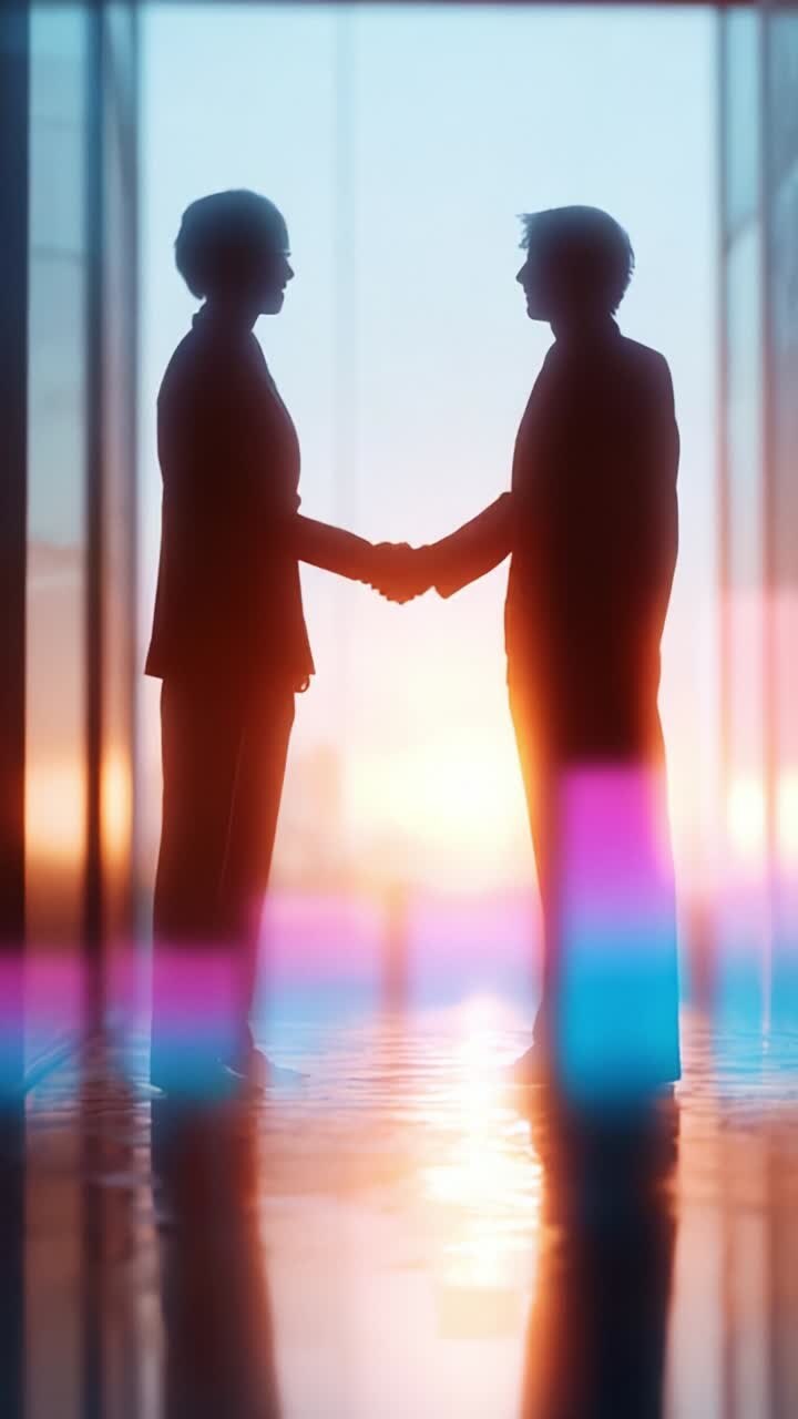 Due professionisti che si stringono la mano, in silhouette sullo sfondo di un bellissimo tramonto in un moderno ambiente ufficio, a simboleggiare partnership e collaborazione