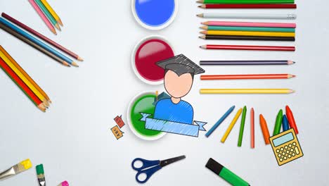 Animation-of-school-items-icons-moving-on-white-background