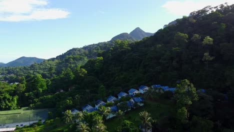 aerial view: scenic view of a resort surrounded by a dense tropical jungles on koh chang island in thailand