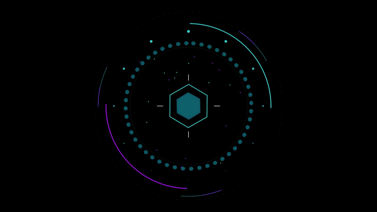 Futuristic Digital HUD Interface with Rotating Hexagon and Circular Elements