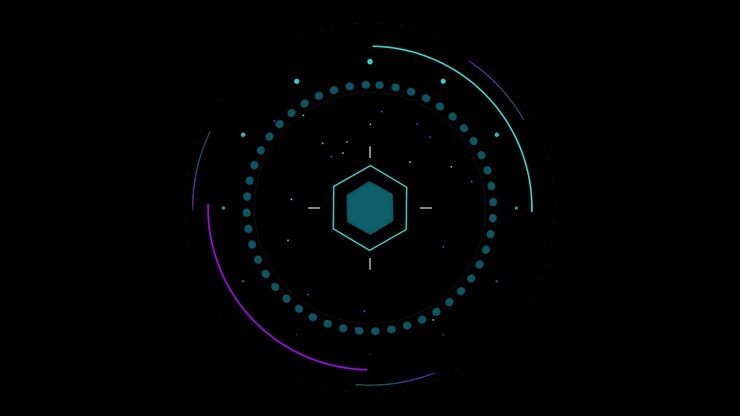 Futuristic Digital HUD Interface with Rotating Hexagon and Circular Elements