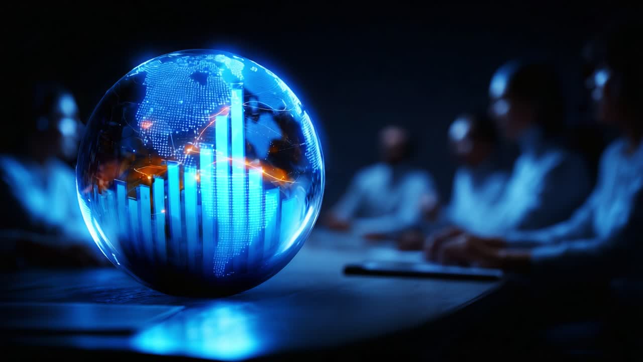 A futuristic visualization of global data trends represented through a glowing globe and dynamic bar graph, highlighting the significance of data analysis in modern business contexts