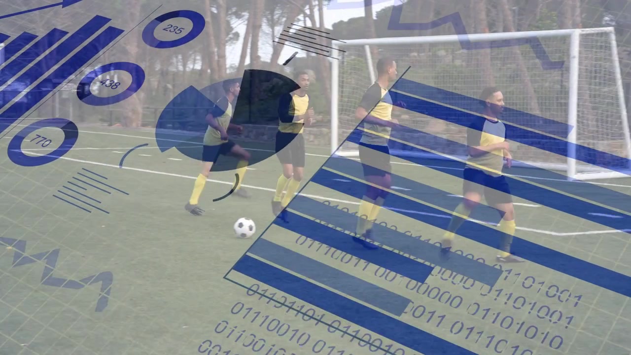 Fem spillere beveger seg mot mål, ballen ruller og justeres under sportsøvelse, med blå diagrammer over banen.