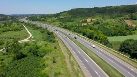 Drone-shot-of-highway-with-oncoming-cars