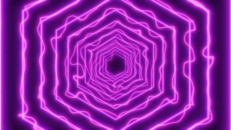 Túnel abstrato de linhas neon hexagonais roxas brilhantes