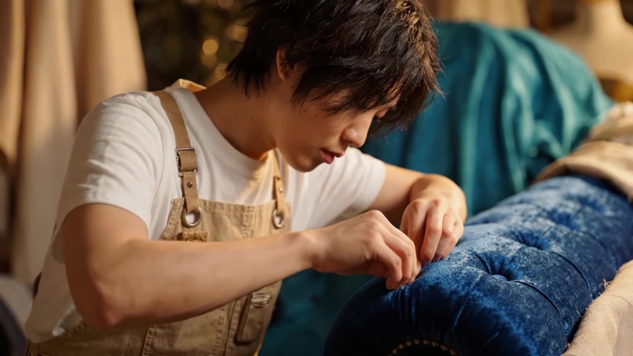 Detail-oriented craftsperson meticulously stitching a luxurious blue fabric on a plush sofa cushion in a well-lit creative workspace.