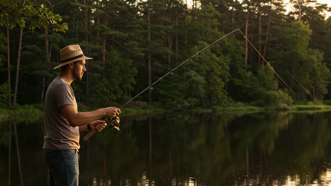 Man fishing in a calm lake at sunset