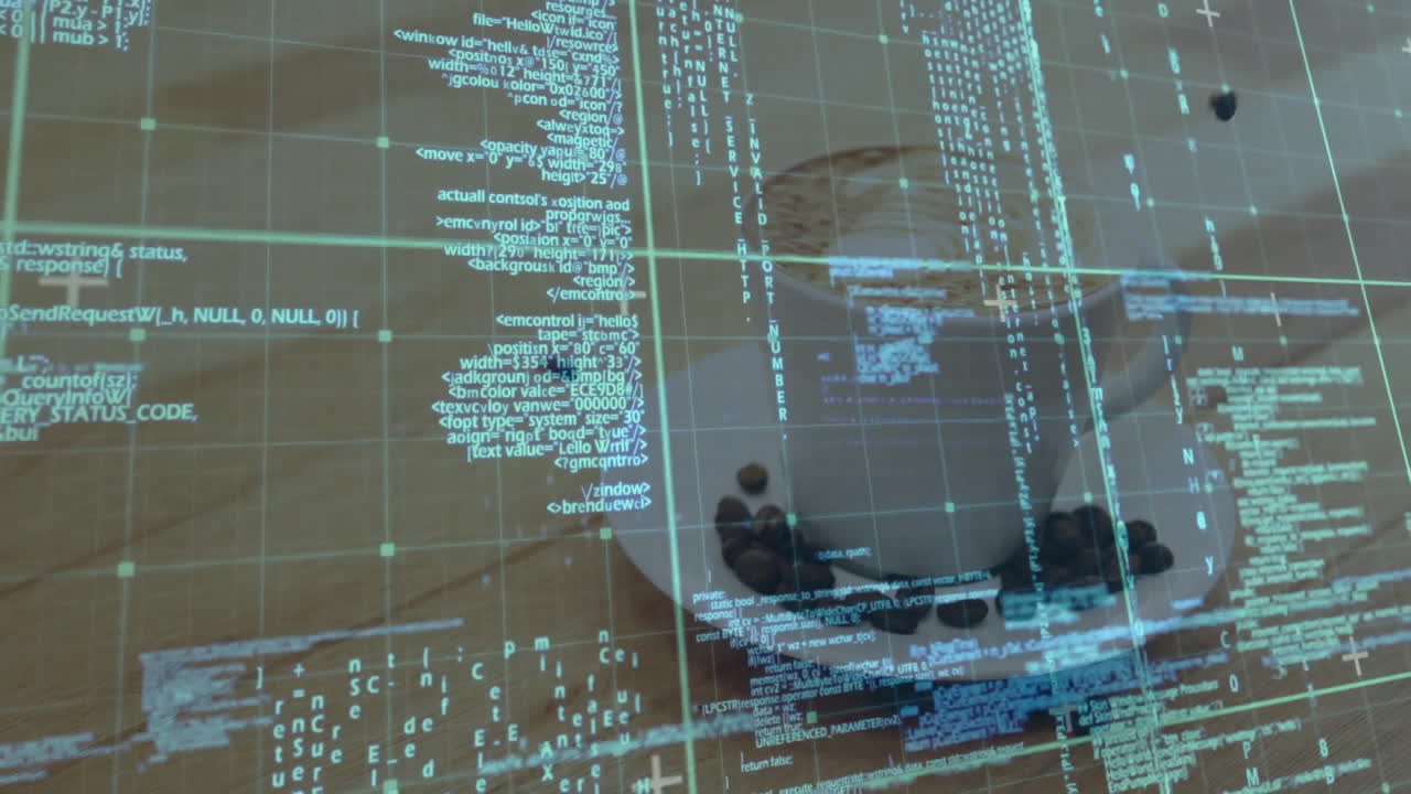 White ceramic coffee cup sitting on saucer over wooden tabletop, showing animated grid code overlay
