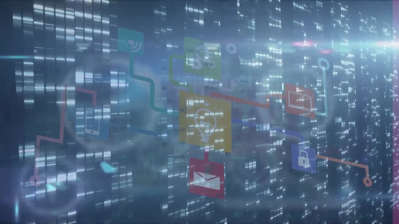 파란색 배경에 디지털 아이콘과 빛 점의 네트워크를 통해 모자이크 사각형의 애니메이션