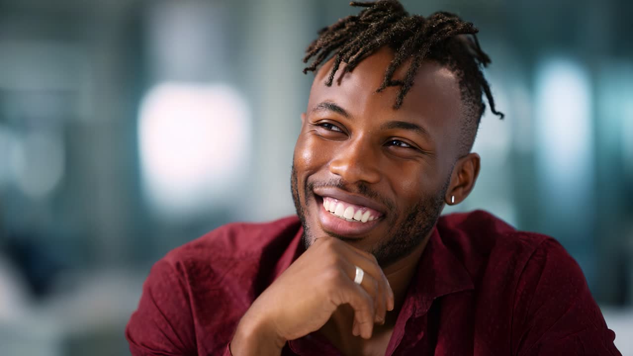 Joyful man with stylish hair smiling warmly while resting his chin on his hand, showcasing happiness and confidence in a bright, modern setting