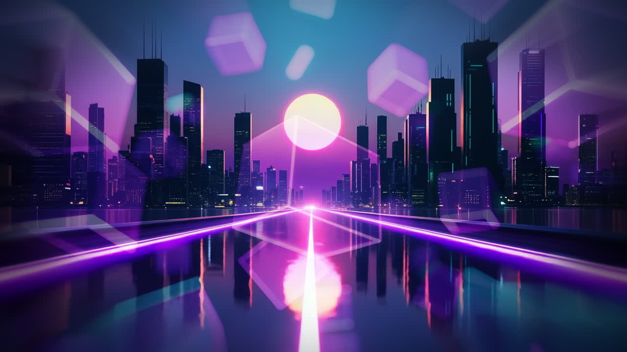 Neon Synthwave Cityscape with Glowing Sun and Geometric Shapes