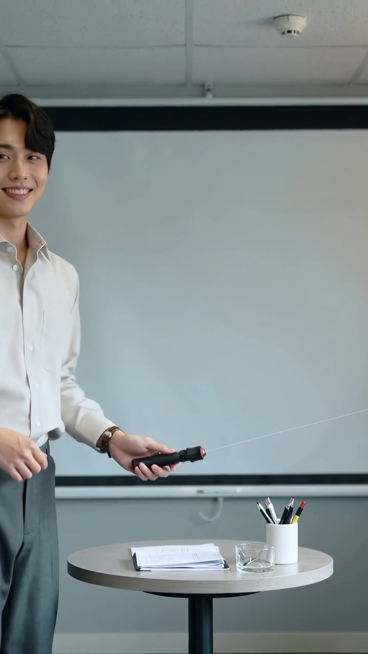 Vertical video: Clicking remote man in tan shirt presenting, pointing at screen at table