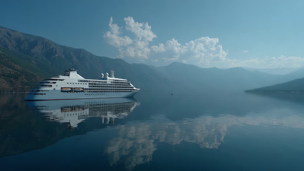 Et majestætisk krydstogtskib på roligt vand: En smuk afspejling midt i bjergrige landskaber og en klar, blå himmel