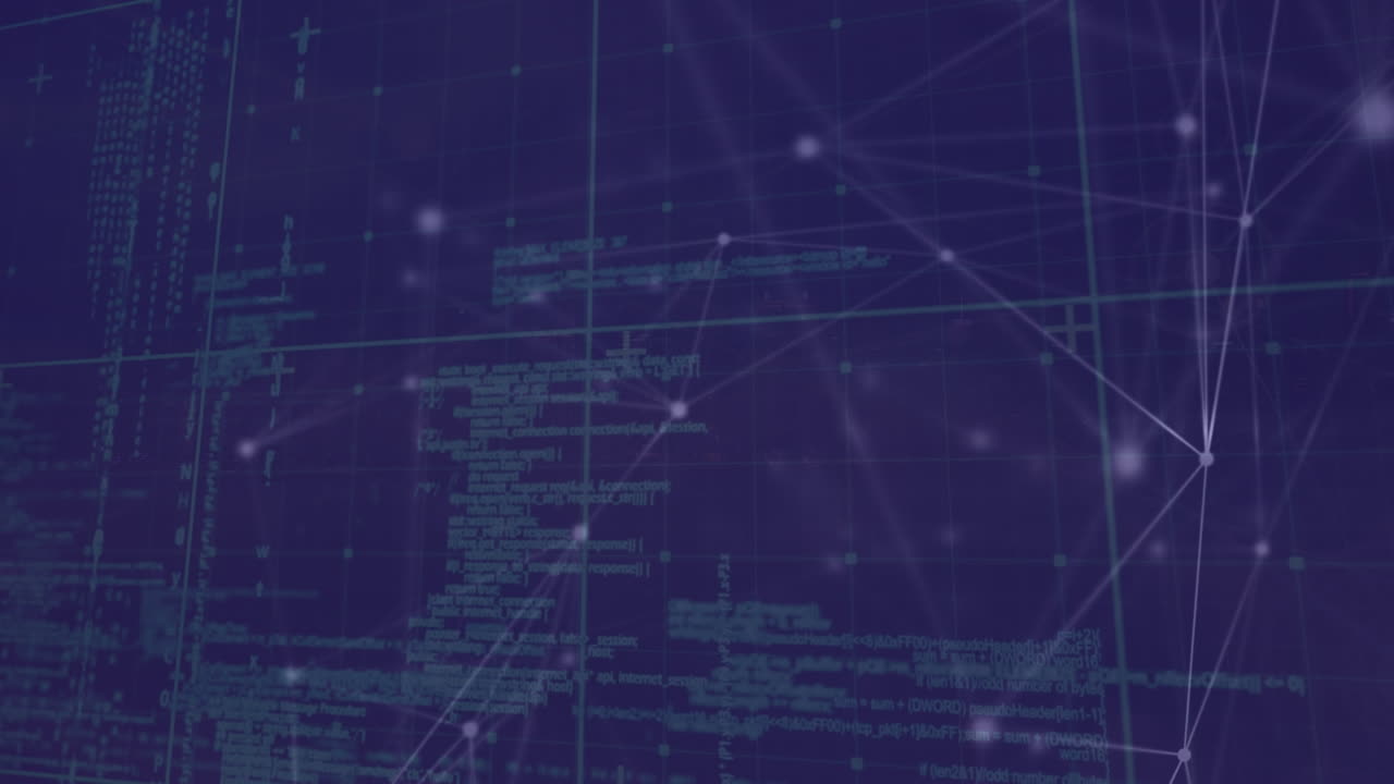 Animation of network of connections and data processing over black background