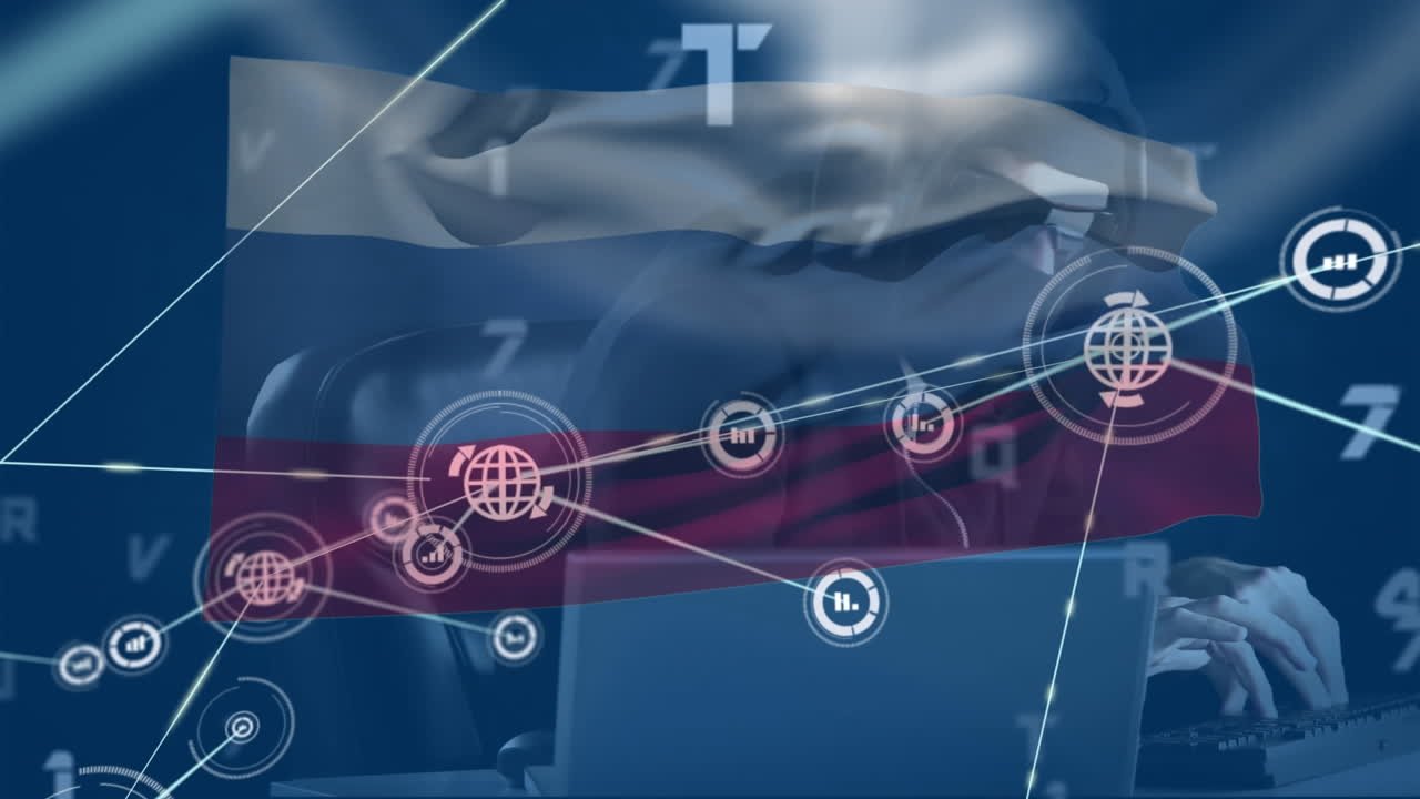 анимация кавказского мужского хакера, использующего ноутбук для обработки данных и флага россии