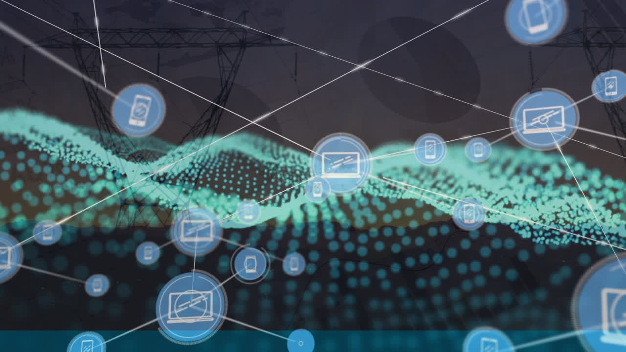 animación de conexiones y brillo sobre postes de electricidad al atardecer