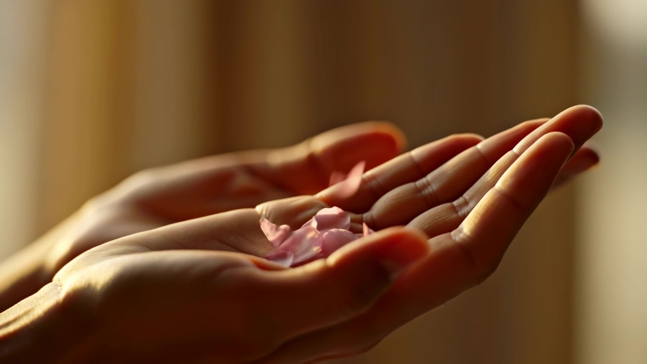 Open cupped hands cradle delicate pink petals in palms while several petals hover above, lit by warm golden light and framed in soft shallow focus for serene, elegant mood, with hand, palm, petal