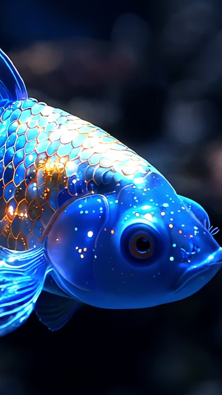 A fish with a blue body and orange fins is swimming in a dark blue ocean. The fish is surrounded by a glowing light that makes it look like it's glowing from within. The image has a dreamy
