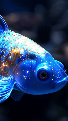A fish with a blue body and orange fins is swimming in a dark blue ocean. The fish is surrounded by a glowing light that makes it look like it's glowing from within. The image has a dreamy