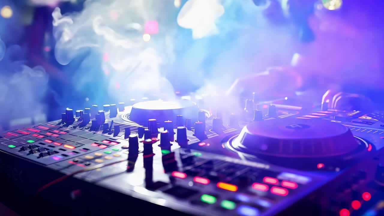 Professional disc jockey performing live music mixing on professional audio console, surrounded by smoke and vibrant, colorful stage lights in energetic nightclub environment