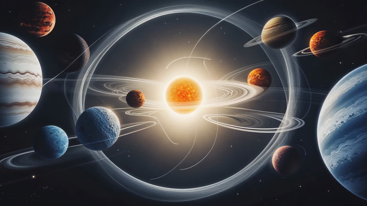 A vibrant artistic depiction of a solar system with a bright central star and multiple orbiting planets, some with rings, against a dark starry background