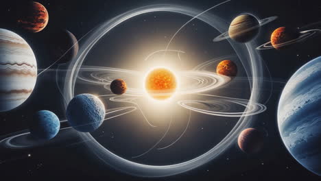 a vibrant artistic depiction of a solar system with a bright central star and multiple orbiting planets, some with rings, against a dark starry background