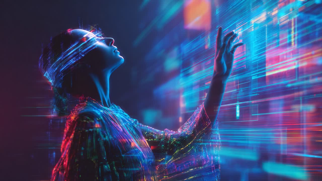 A futuristic depiction of a woman with a headband, engaging with dynamic digital visuals. Her expression reflects awe and curiosity as vibrant lights pulse around her in an immersive environment