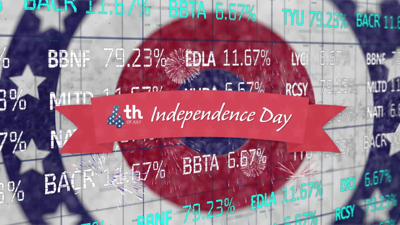 독립의 날 문자 배너는 주식 시장 데이터 처리를 통해 회전하는 원의 별에 대항합니다.
