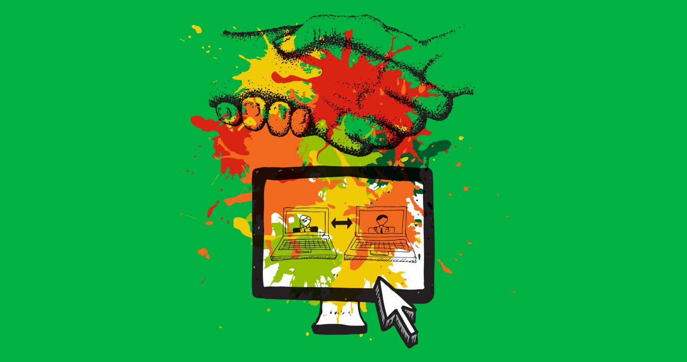 Digital animation of multiple business concept icons over paint splash against black background