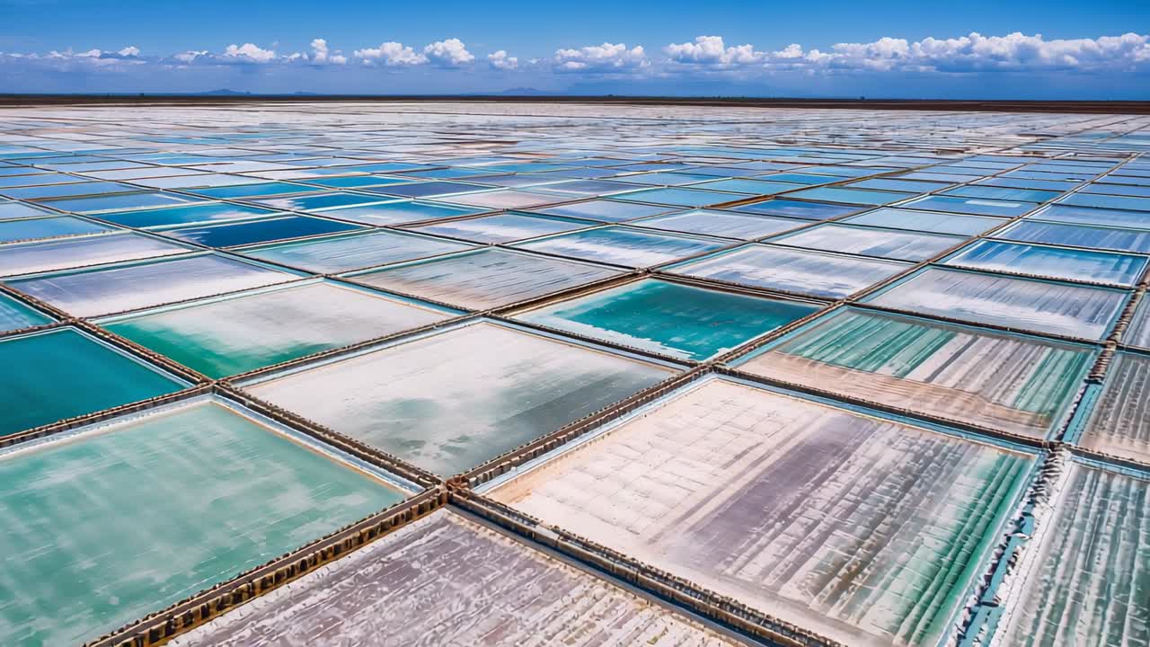 Plano inicial com movimento suave, câmera de drone inclinando sobre as salinas retangulares e as bermas, mostrando a água turquesa