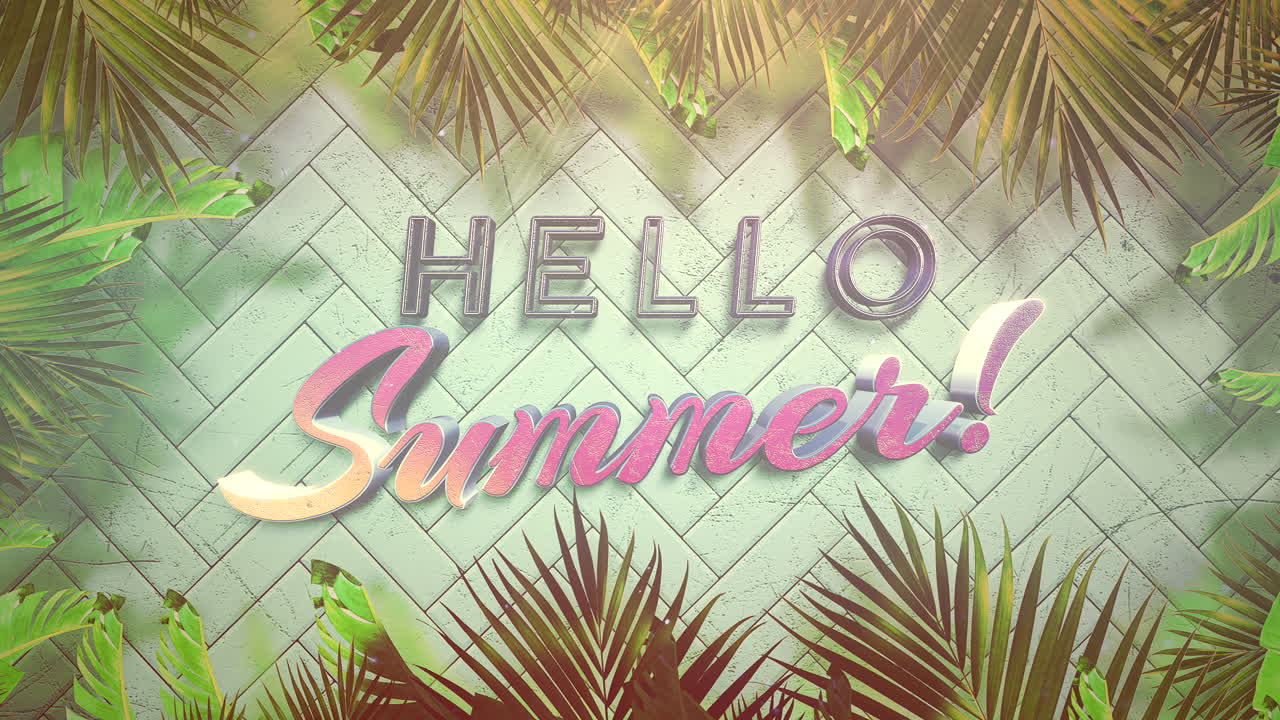 hola verano en la pared con hojas tropicales