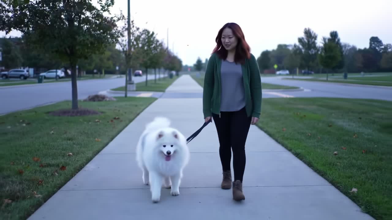 A Woman Enjoying a Pleasant Evening Walk with Her Happy Samoyed Dog Along a Peaceful Sidewalk Surrounded by Trees and Greenery