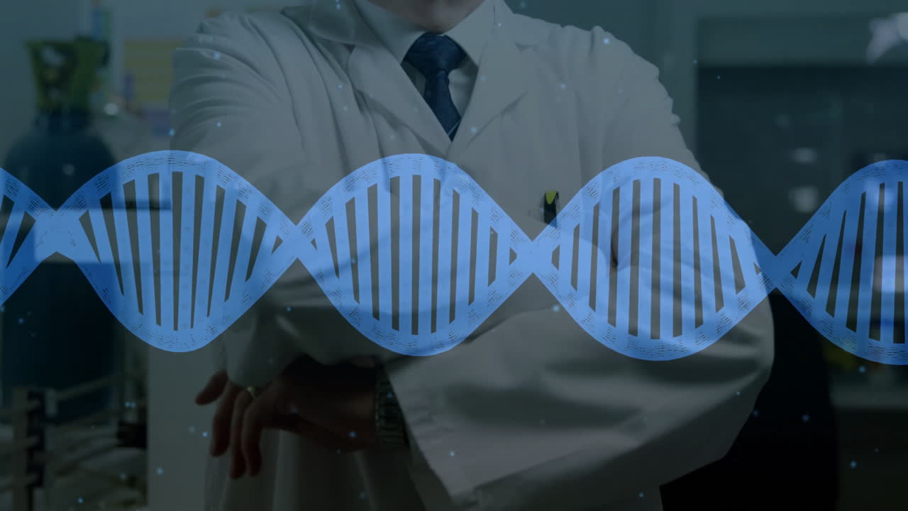 Animace řetězce DNA nad vědcem upravujícím si laboratorní plášť v laboratoři.
