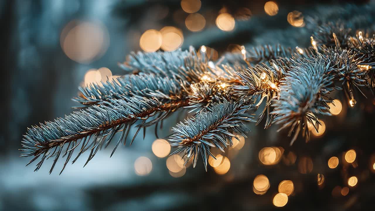 A Close-Up View of a Frosted Pine Branch Adorned with Warm, Twinkling Lights, Capturing the Essence of Winter's Beauty and the Magic of the Holiday Season