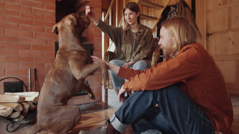 Couple-Petting-Dog-by-Fireplace-in-Farmhouse