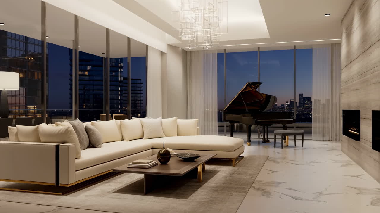 Salón moderno y lujoso con piano de cola y vistas a la ciudad de noche