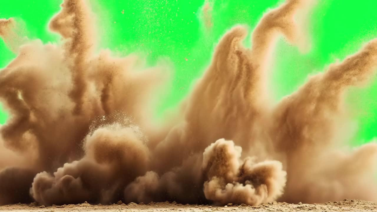 Dynamic explosive sand burst animation, transparent 4K video, green screen