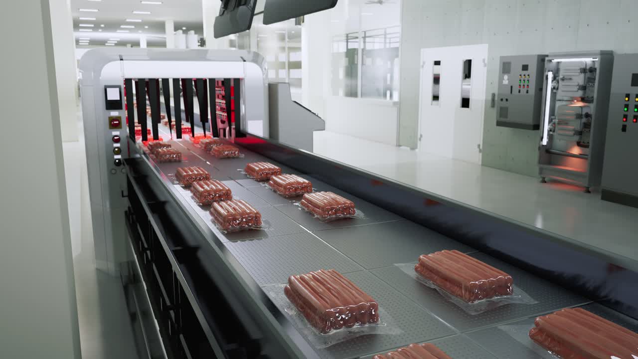 Sausage Production, Packaged Sausage Trays On A Conveyor Belt In A Factory