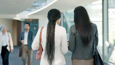 de vuelta, mujeres de negocios y caminando en conversación