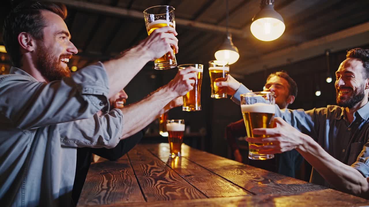 Video che riprende amici che brindano con birra in un bar rustico. Illuminazione calda e ripresa dal basso.