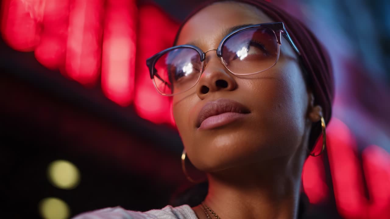 A Portrait of Elegance: Highlighting a Confident Individual Wearing Stylish Sunglasses and a Headscarf, Set Against a Colorful Urban Backdrop with Vibrant Neon Lights Reflecting Their Unique Style and Attitude