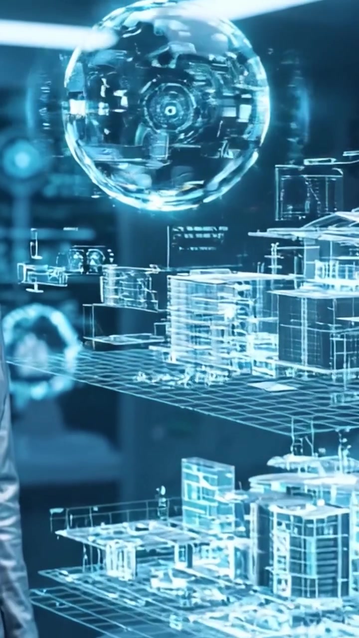 Antarmuka futuristik menampilkan teknologi canggih saat globe holografik dan model arsitektur melayang di lingkungan berteknologi tinggi, menampilkan inovasi dan kreativitas